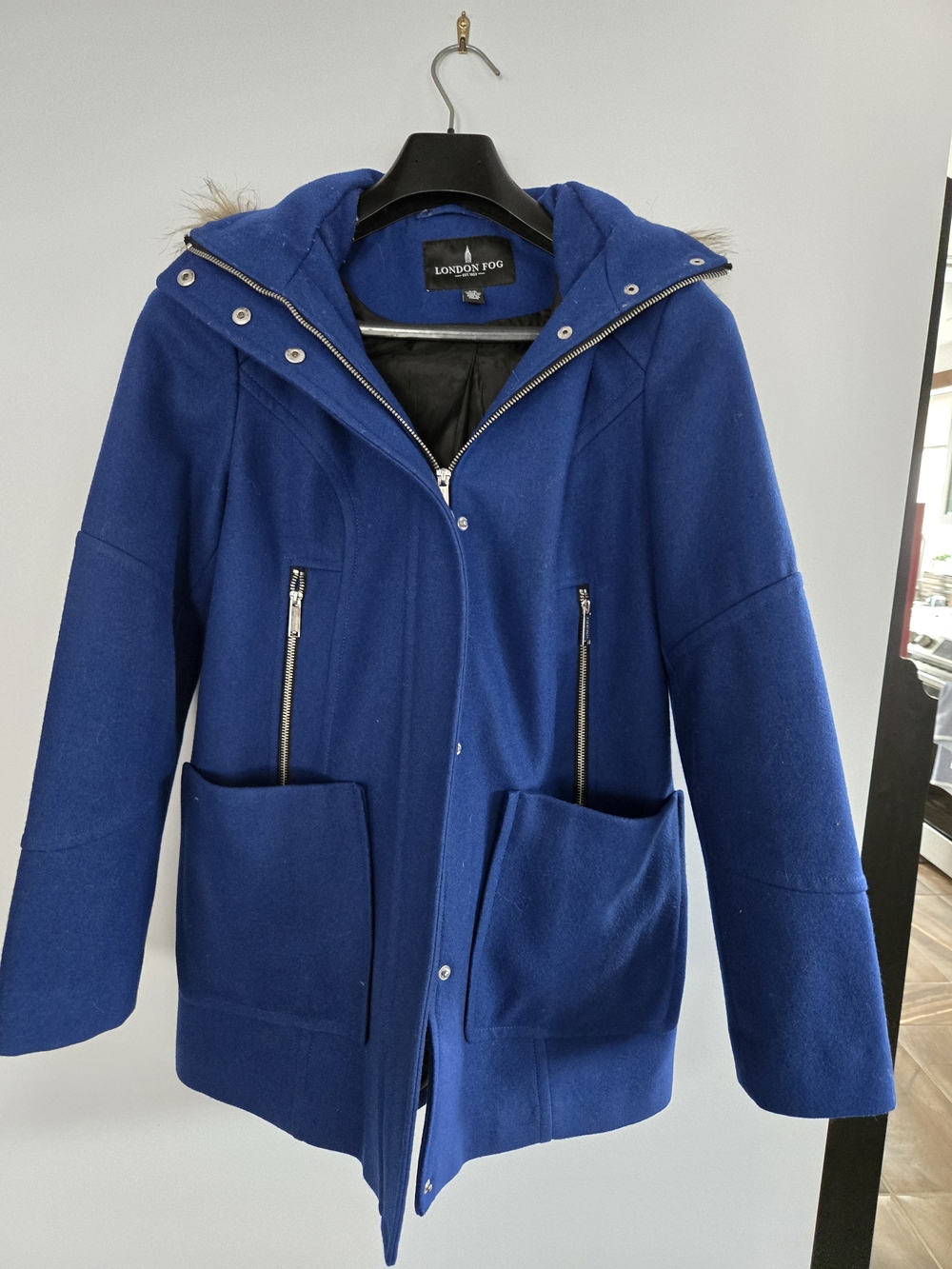 London Fog Deep Blue Hooded Wool-Blend Pea Coat